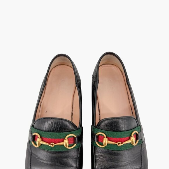 Gucci Brixton Black Leather Web Stripe Horsebit Loafers Size 38.5 US 8.5 Women's - Picture 5 of 15